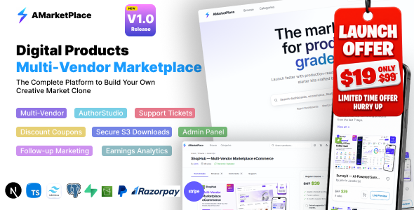 AMarketPlace – Multi-Vendor Digital Marketplace SaaS Next.js 16, React 19 and PostgreSQL