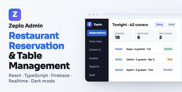 Zeplo Admin Restaurant Reservation and Table Booking Dashboard With React and Firebase