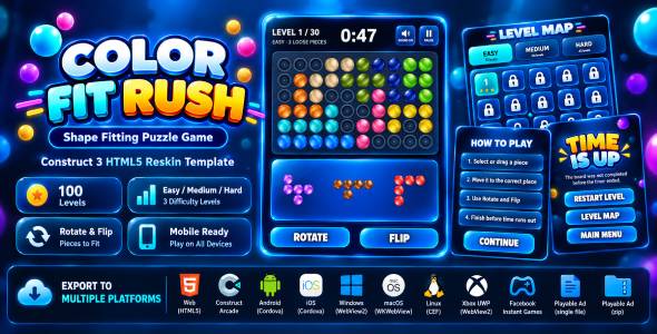 Color Fit Rush | Shape Fitting Puzzle Game - Construct 3 HTML5 Reskin Template