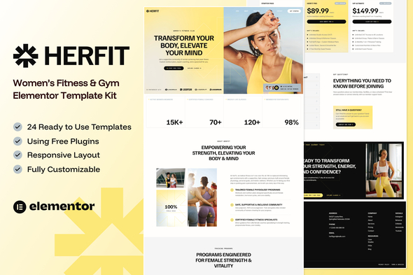 HerFit — Women’s Fitness & Gym Elementor Template Kit